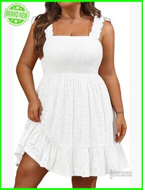 Plus Size Eyelet Square Neck Sleeveless Smocked Ruffle A-Line Summer Dress